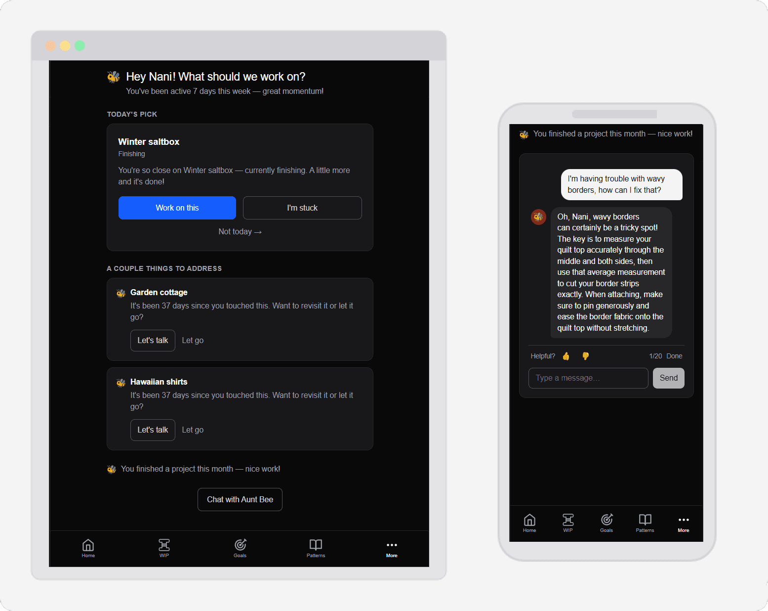 Aunt Bee daily briefing with project recommendations