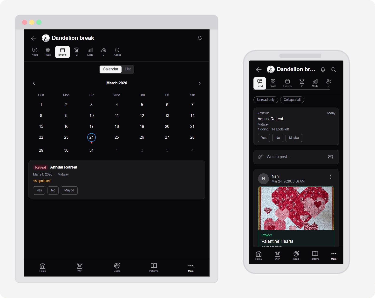 Group feed showing posts, project shares, and reactions