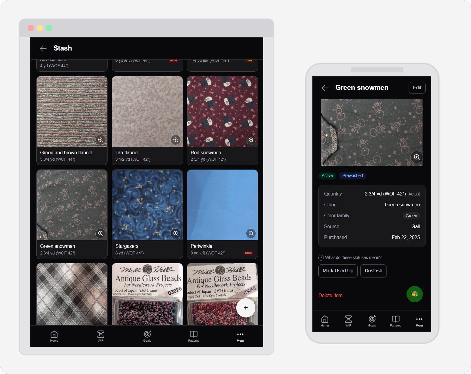 Fabric stash grid showing yardage and color swatches